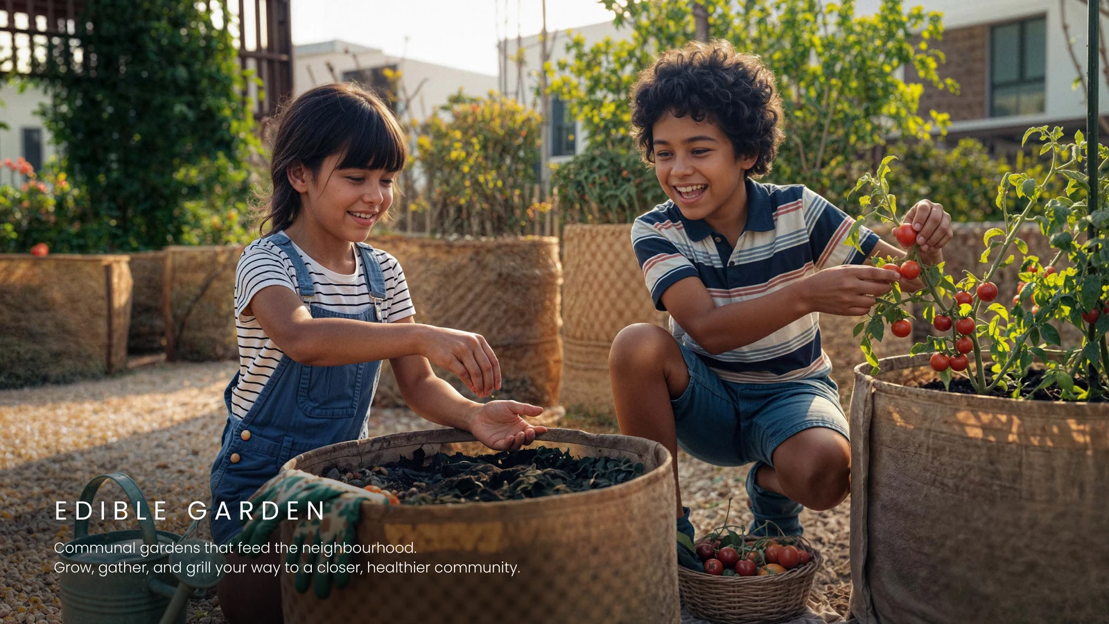 Edible garden beds and fruit trees at Al Ghadeer Harvest