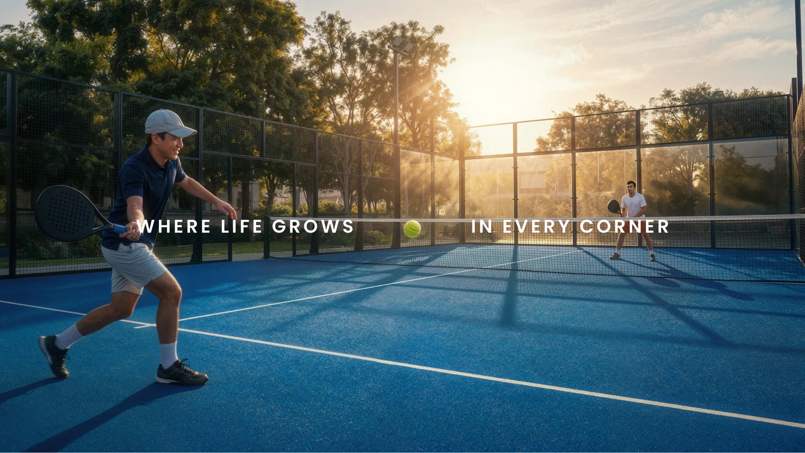 Players on an Al Ghadeer padel court beside landscaped lawns