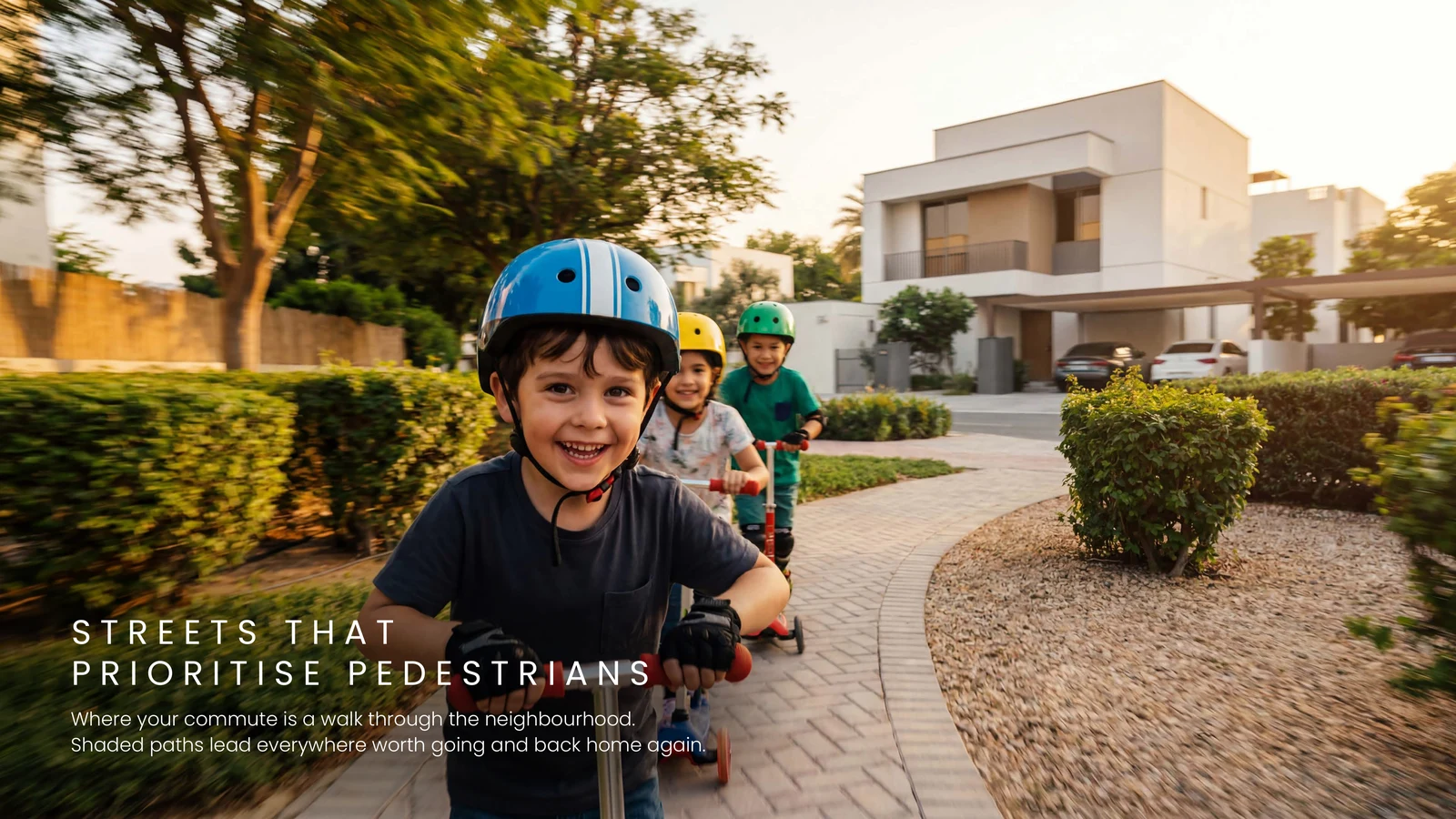 Tree-lined pedestrian street with no through traffic in Al Ghadeer