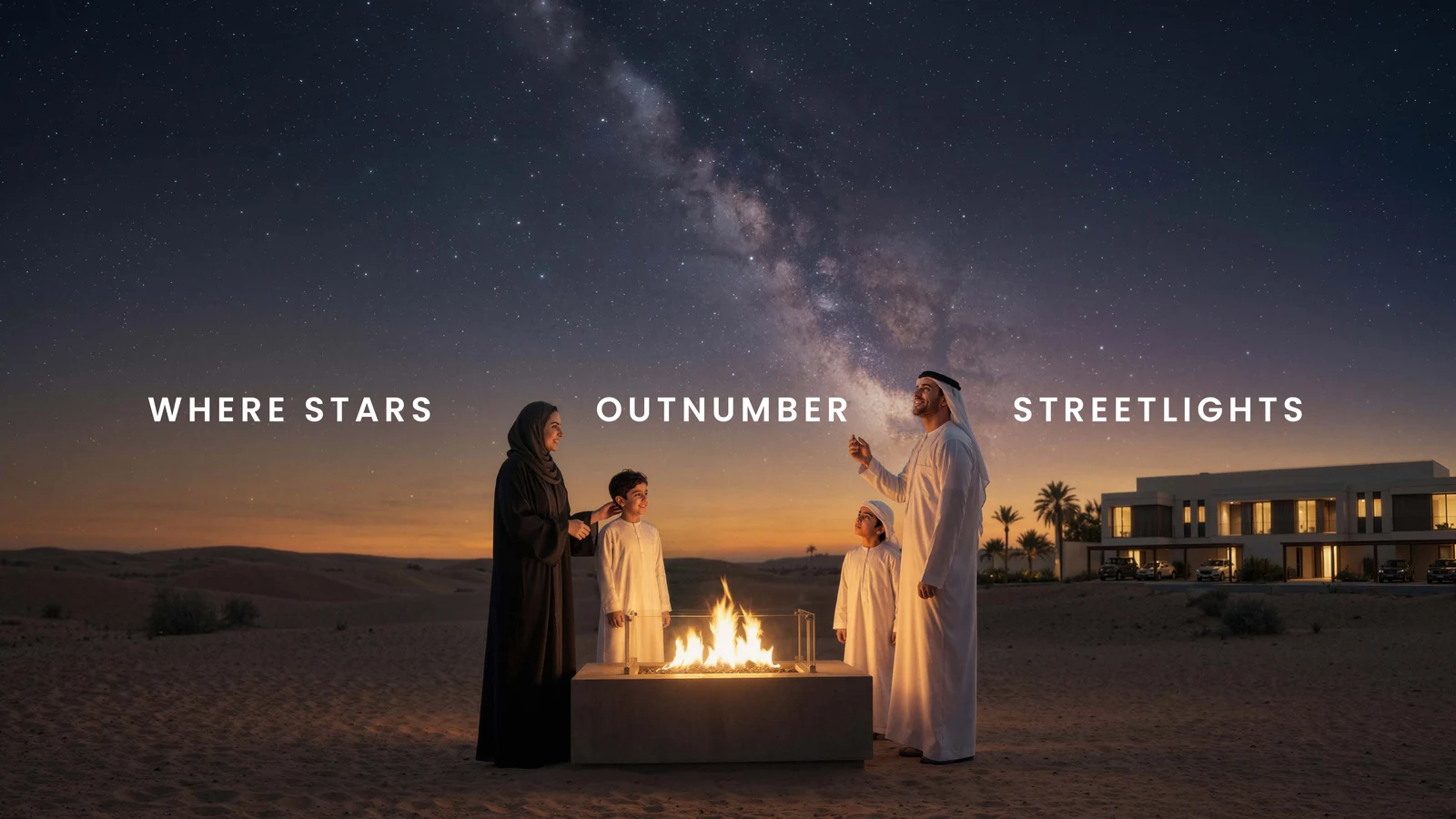 Milky Way over Al Ghadeer rooftops with warm villa lighting