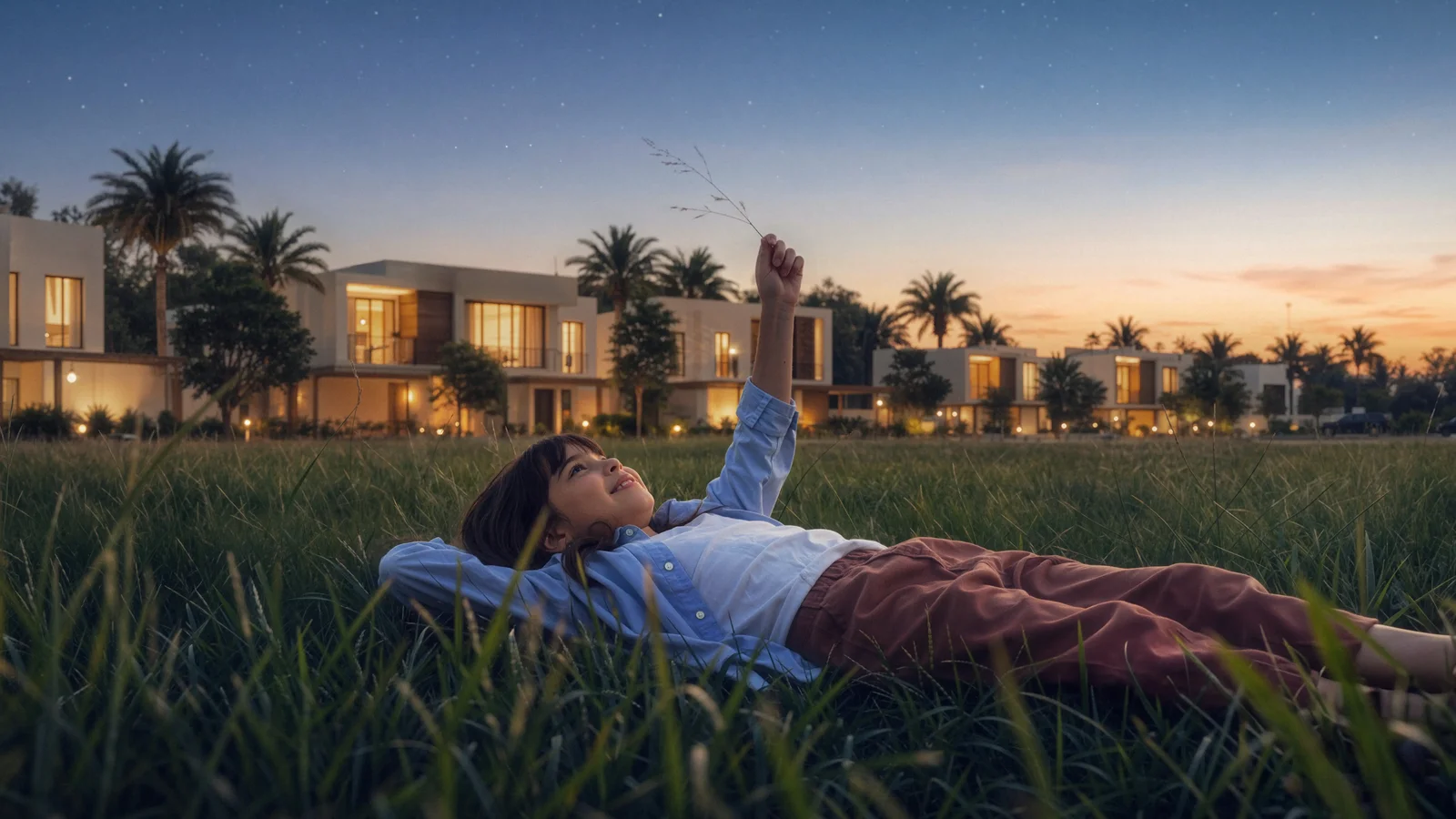 Child lying on a lawn looking at a star-filled sky beside Al Ghadeer homes