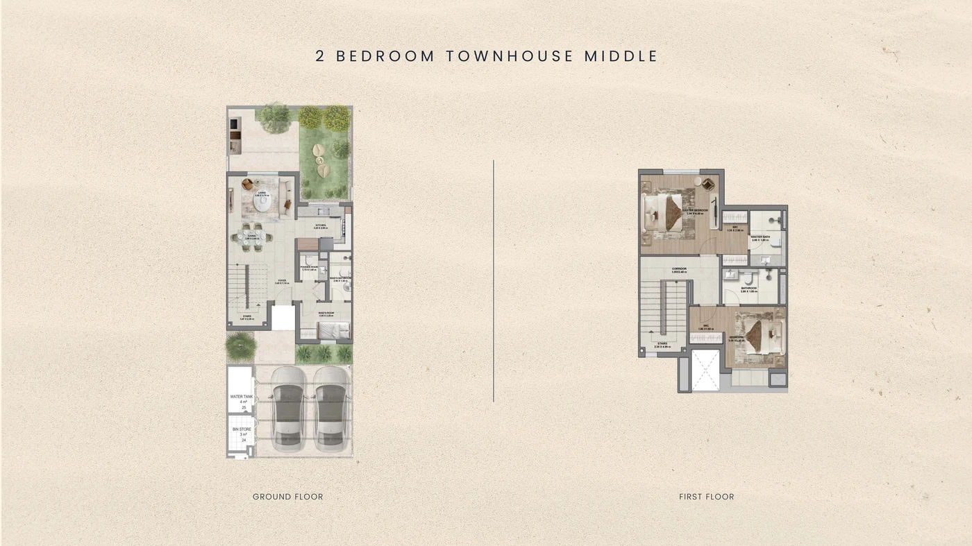 Al Ghadeer Gardens Phase 2 by Aldar 2-bedroom plus maid middle-unit floor plan