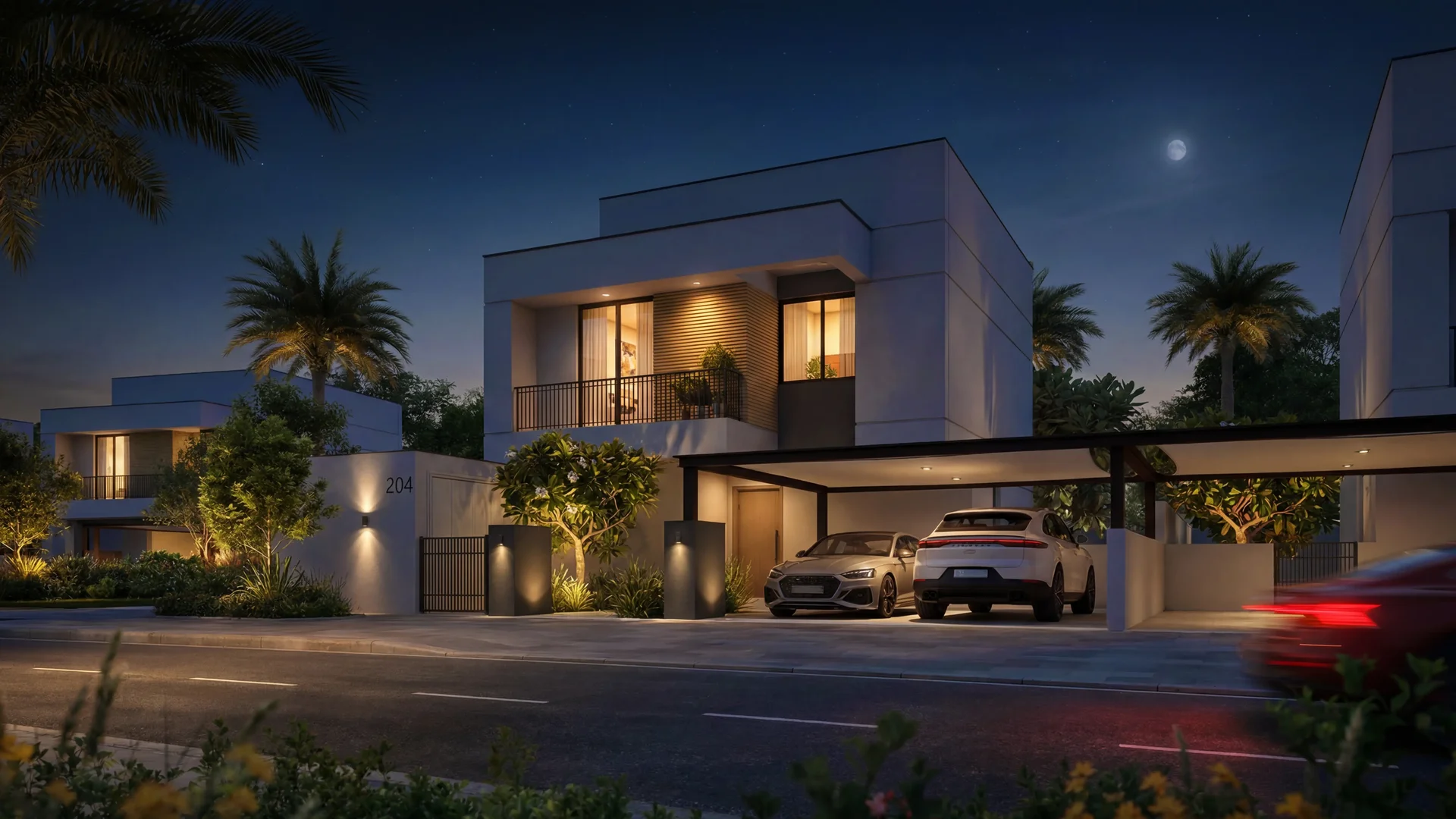Al Ghadeer Gardens villas at night with lit interiors, palms, and parked cars