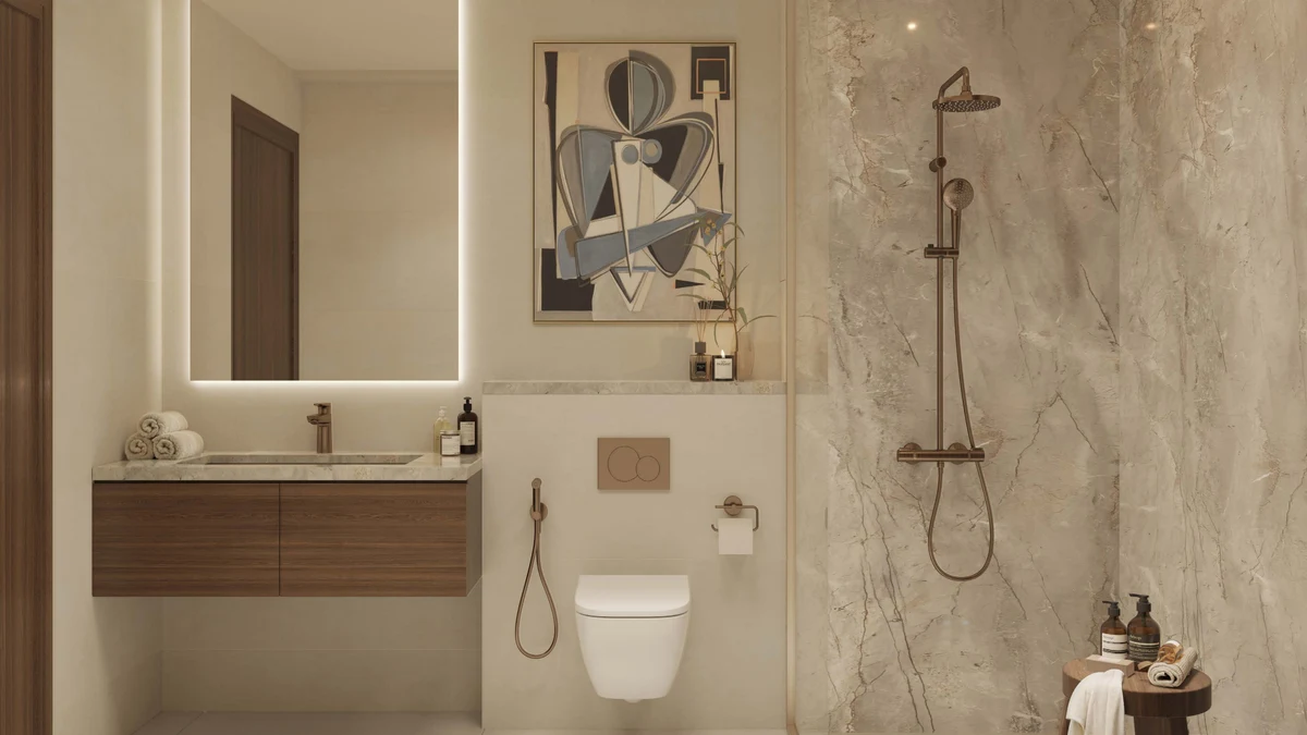Al Ghadeer Gardens bathroom in the dark finish palette, wide crop