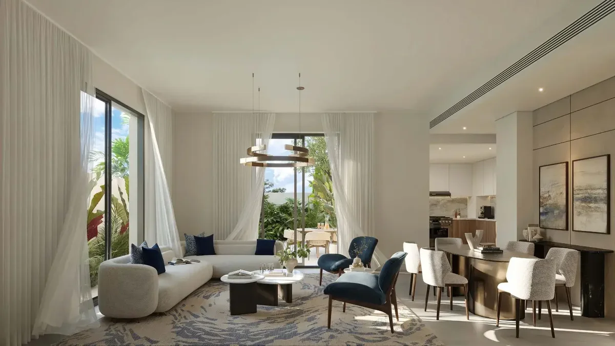 Al Ghadeer Gardens living room in the light finish palette