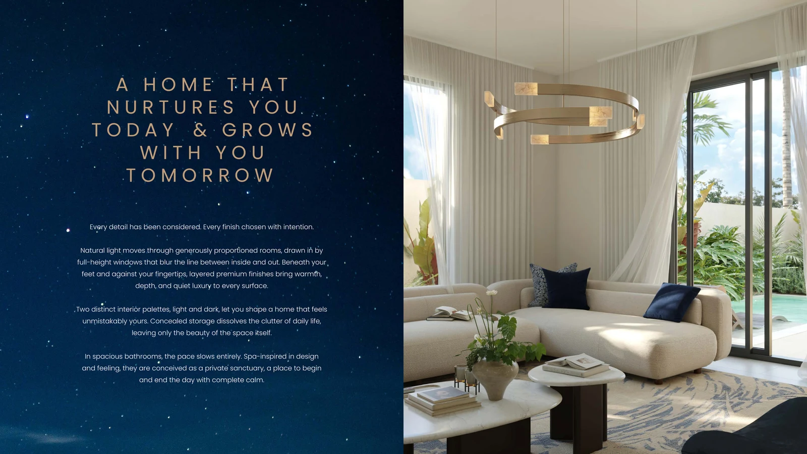 Light-filled Al Ghadeer Gardens living interior with garden views