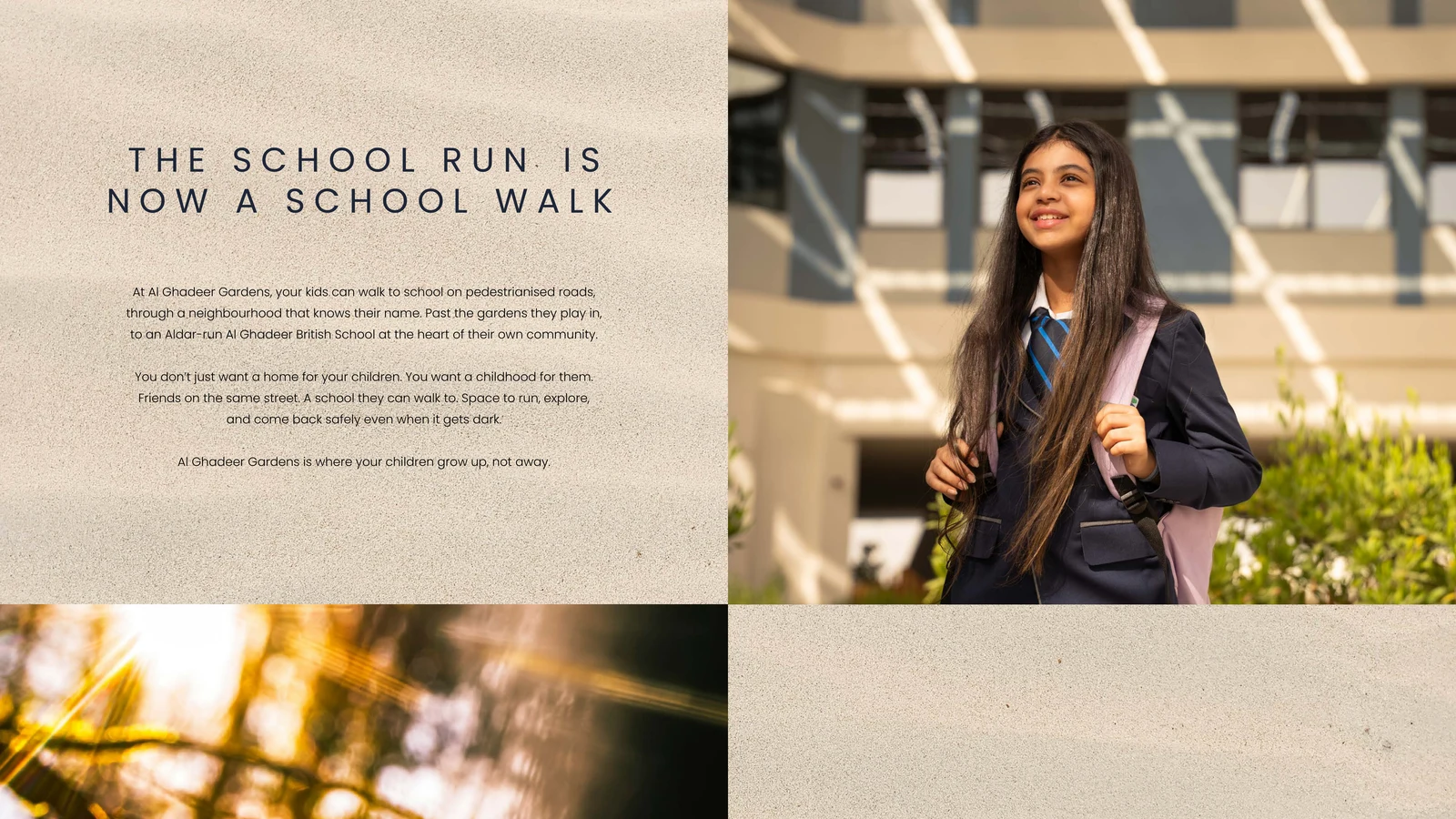 Pedestrian route toward Al Ghadeer British School through planted streets