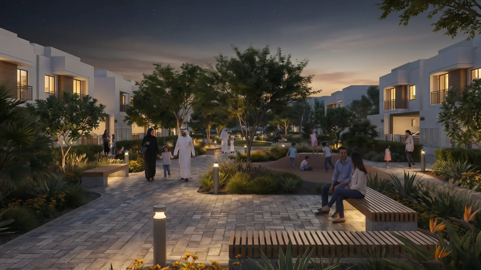 Wide night streetscape of Al Ghadeer Gardens villas and landscaped verges