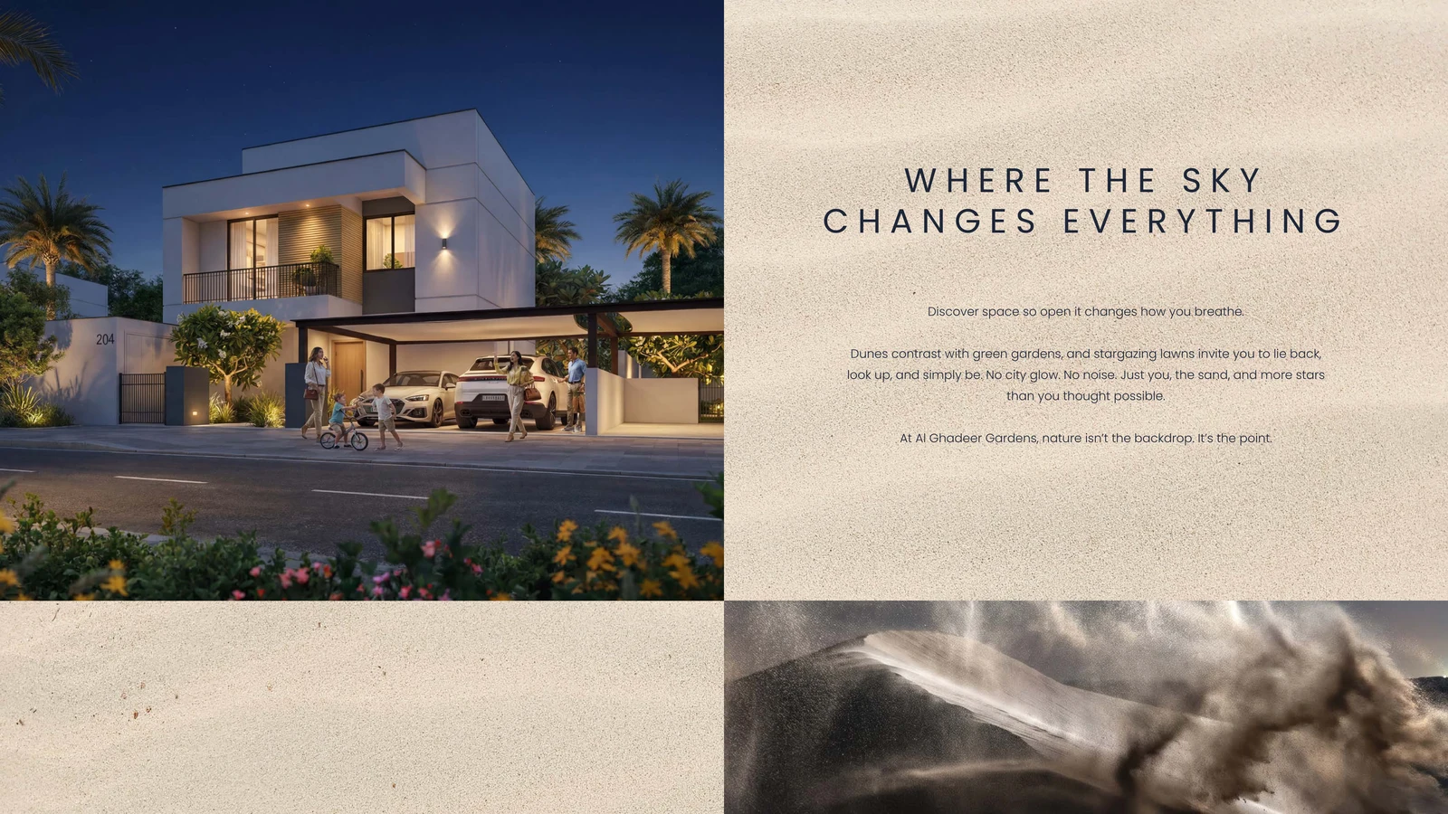 Al Ghadeer Gardens villa under a changing dusk sky with open desert beyond
